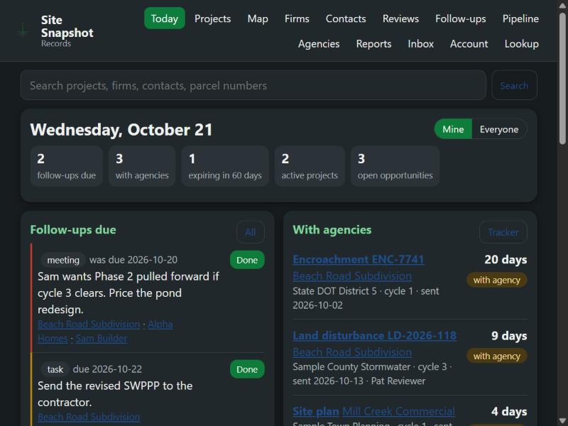 Site Snapshot records, the Today screen with sample data: follow-ups due, permits with agencies, permits expiring and hearings