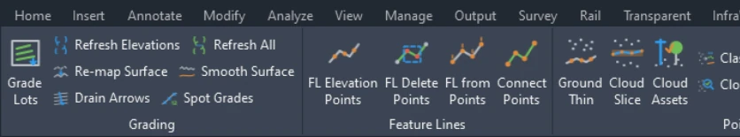 A detail of the VDC Civil ribbon tab in Autodesk Civil 3D software: the Grading, Feature Lines and Point Clouds panels.