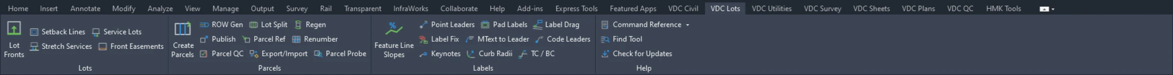 The VDC Lots ribbon tab in Autodesk Civil 3D software.