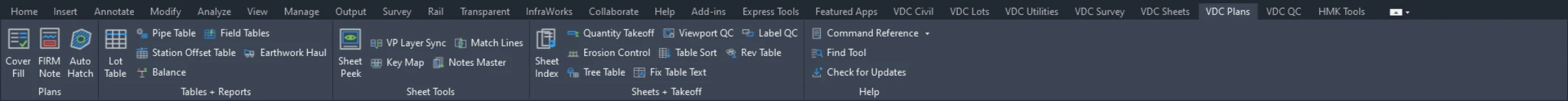 The VDC Plans ribbon tab in Autodesk Civil 3D software.