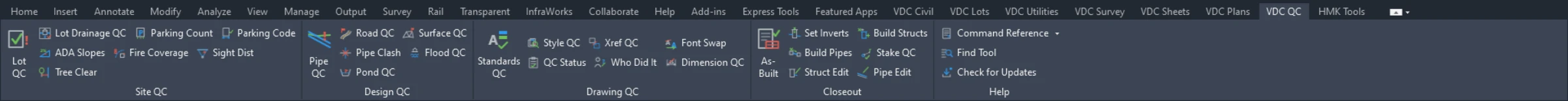 The VDC QC ribbon tab in Autodesk Civil 3D software.