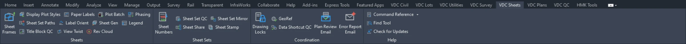 The VDC Sheets ribbon tab in Autodesk Civil 3D software.