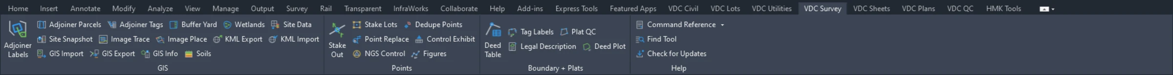 The VDC Survey ribbon tab in Autodesk Civil 3D software.