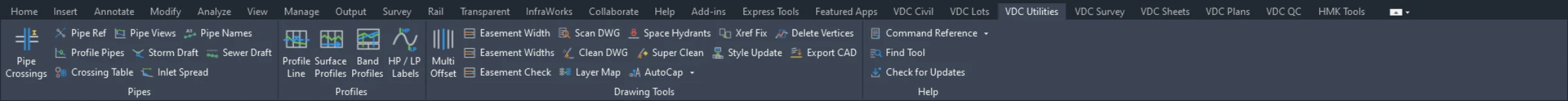 The VDC Utilities ribbon tab in Autodesk Civil 3D software.