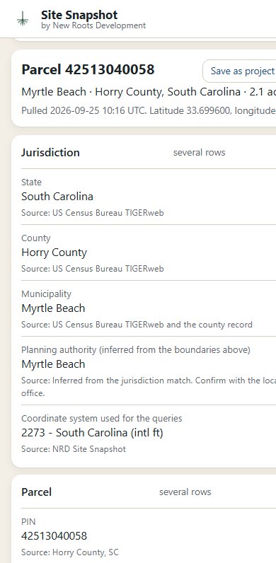 Site Snapshot on a phone: parcel, jurisdiction and the first rows of the public record
