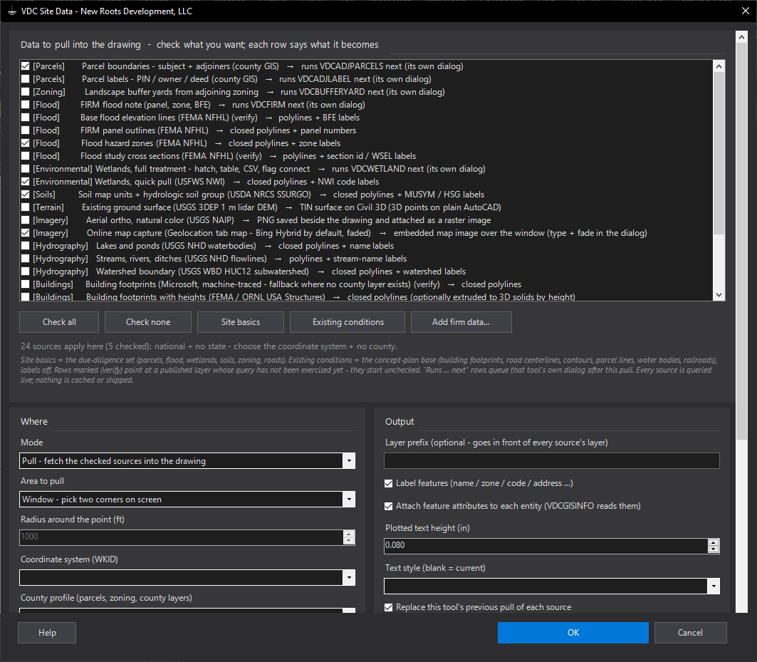 The VDC Site Data dialog in Autodesk Civil 3D software: parcel, flood, wetland, soils, terrain and imagery sources checked for a pull into the drawing