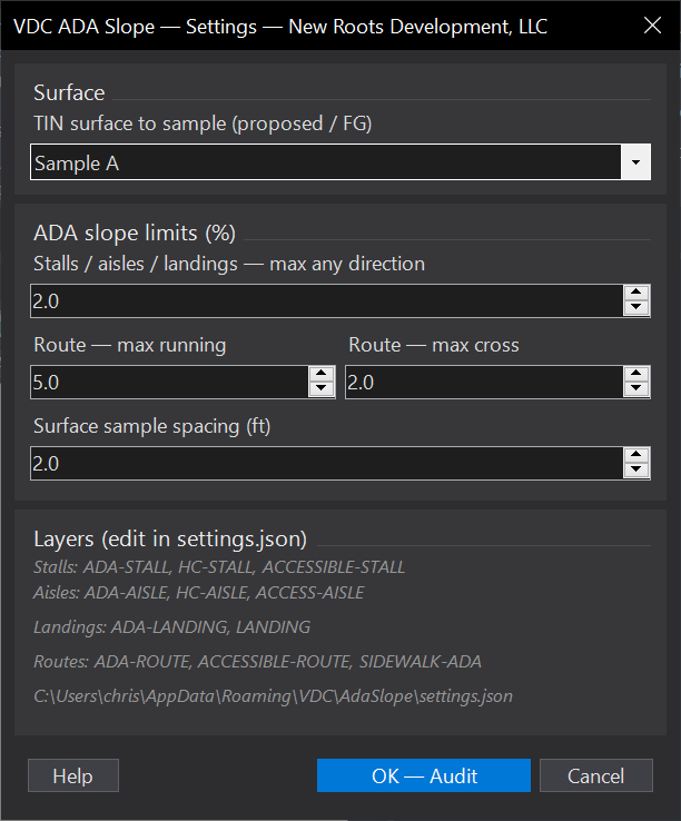 ADA Slope Audit dialog