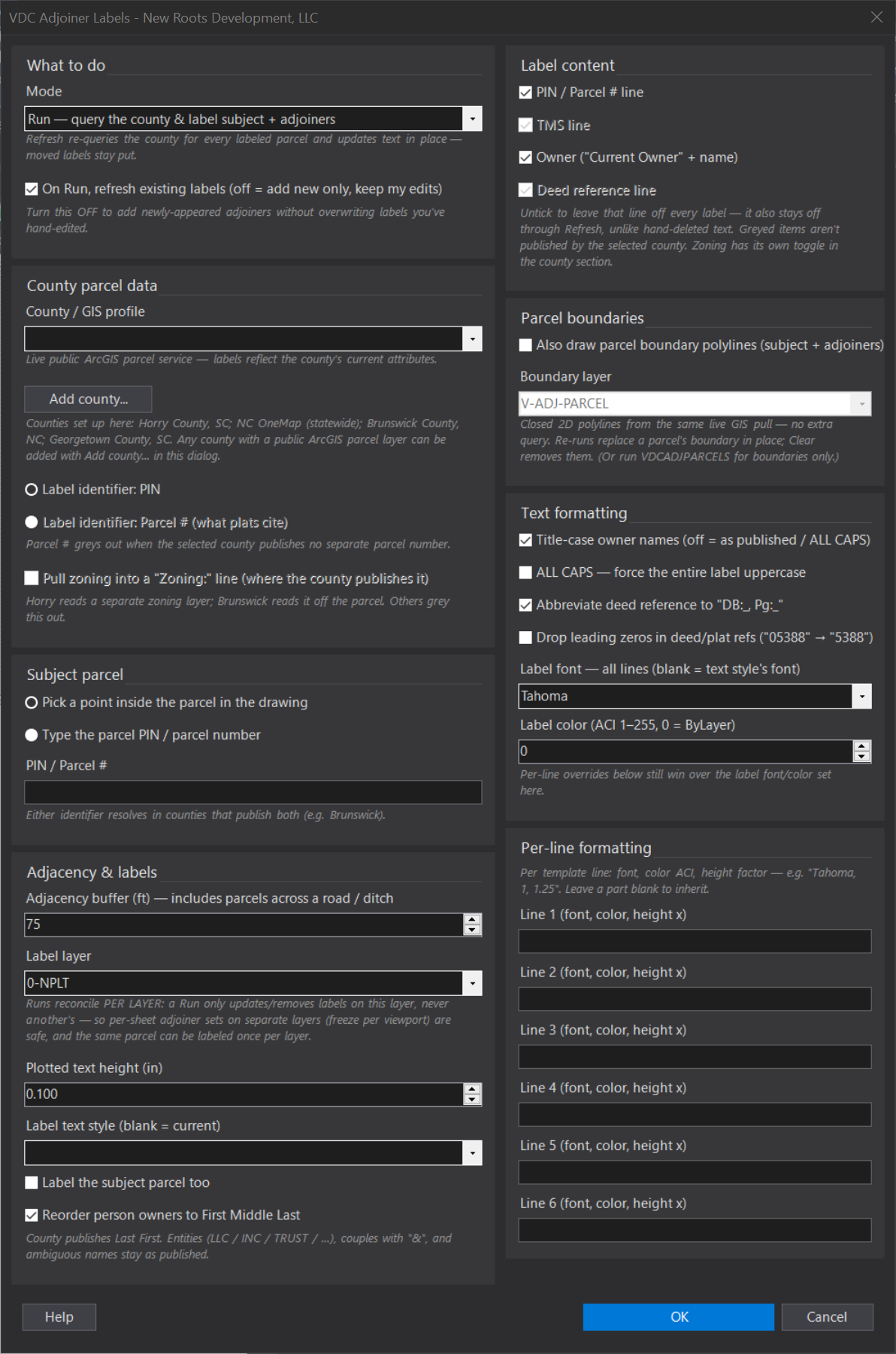 Adjoiner Labels dialog