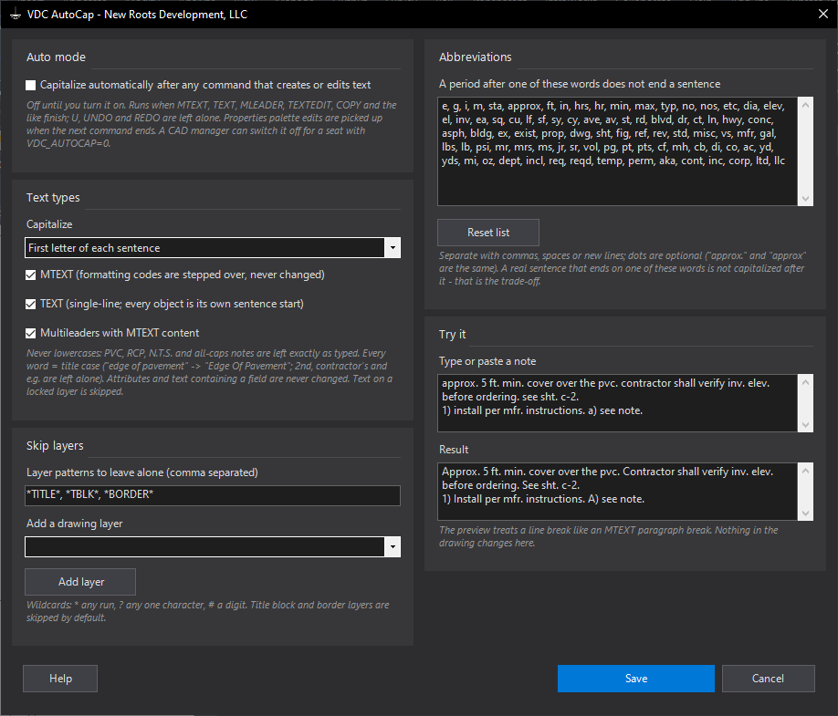 VDCAUTOCAP dialog