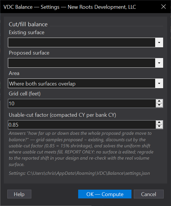 Cut/Fill Balancer dialog