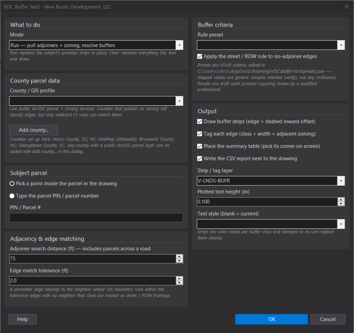 Landscape Buffer Yard dialog