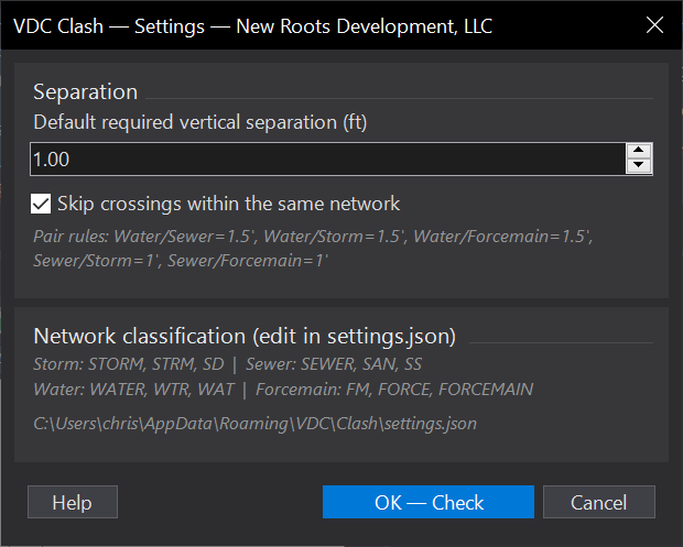 Pipe Clash Check dialog