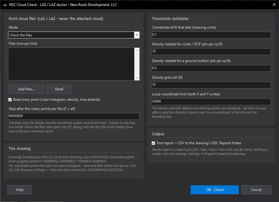 Cloud Check (LAS / LAZ doctor) dialog