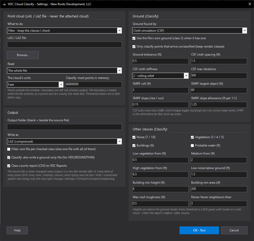 Cloud Classify (filter or classify a LAS / LAZ cloud) dialog