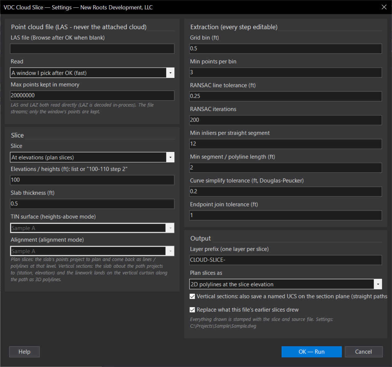 Cloud Slice (point-cloud slabs to linework) dialog