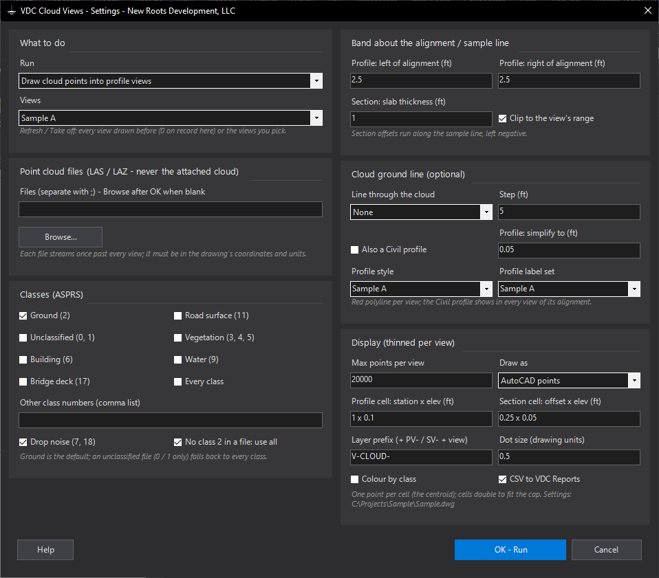Cloud Views (point cloud points in profile / section views) dialog