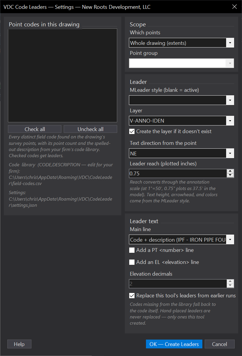 Code Leaders (label survey points) dialog
