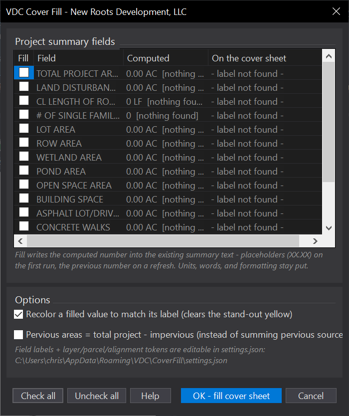 Cover Sheet Fill dialog