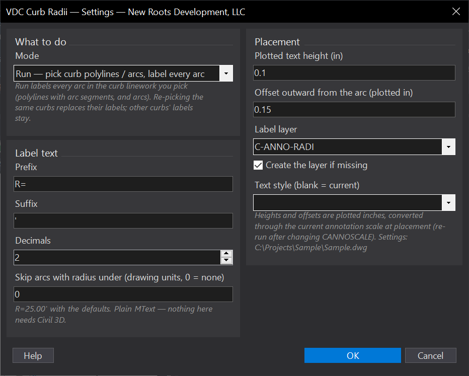 Curb Radii dialog