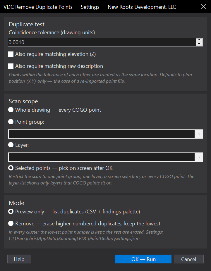 Remove Duplicate Points dialog