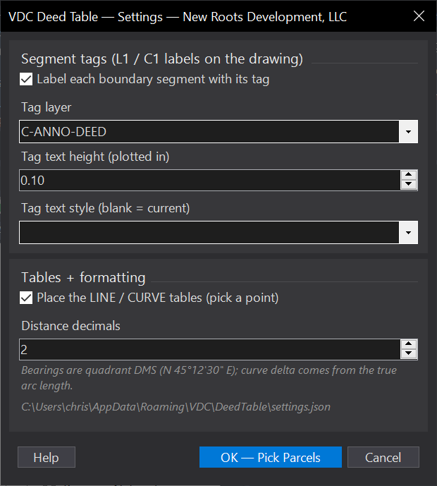 Deed Table dialog