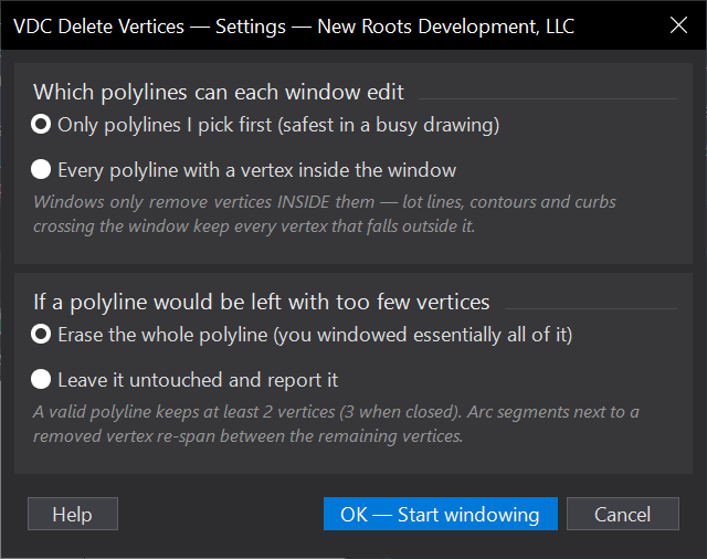 Delete Polyline Vertices (windowed) dialog