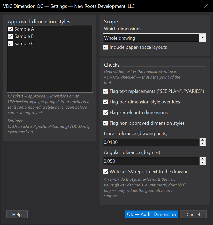 Dimension QC dialog