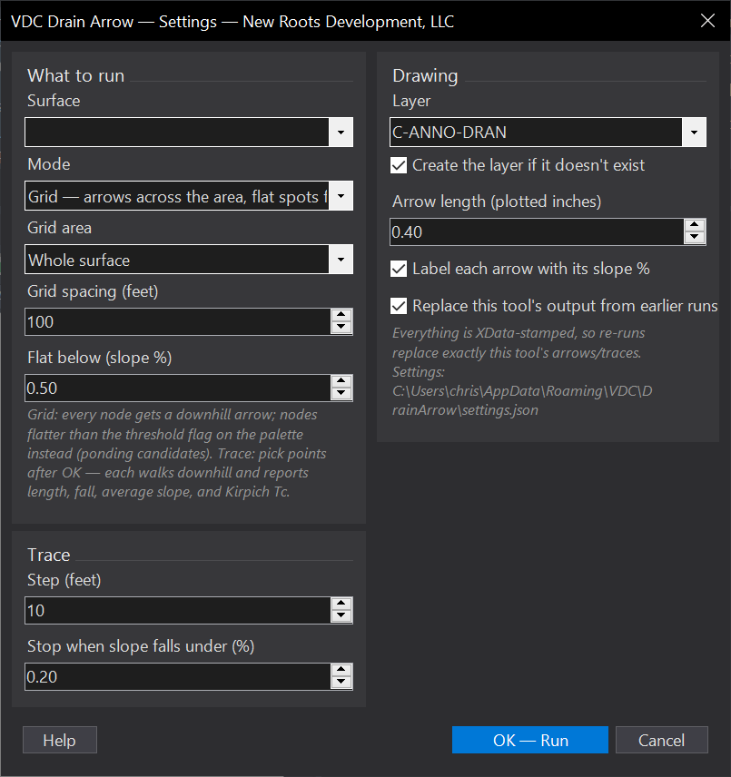 Drainage Arrows + Flow Paths dialog