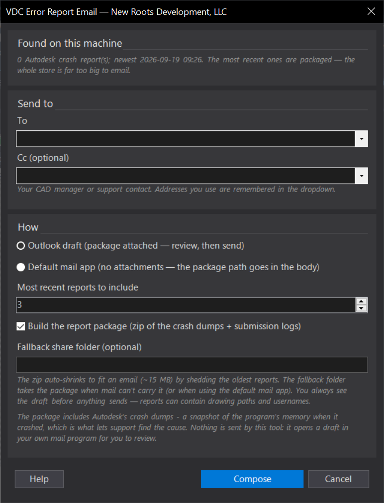 Email My Error Reports dialog