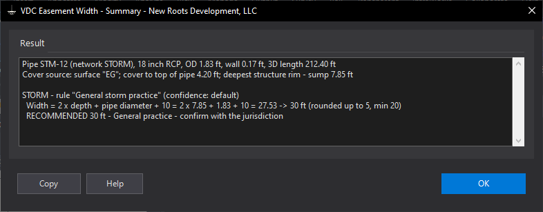 Easement Width (one pipe) dialog