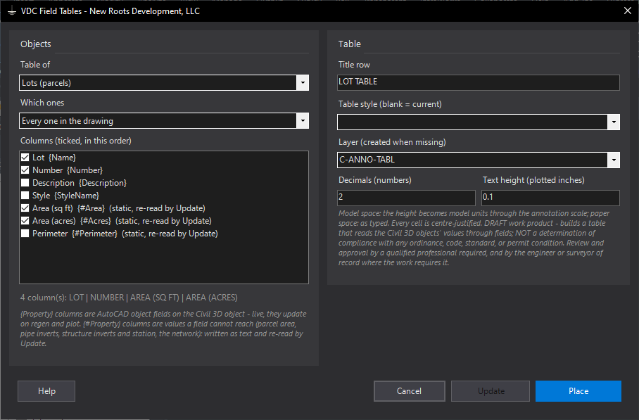 Field Tables dialog