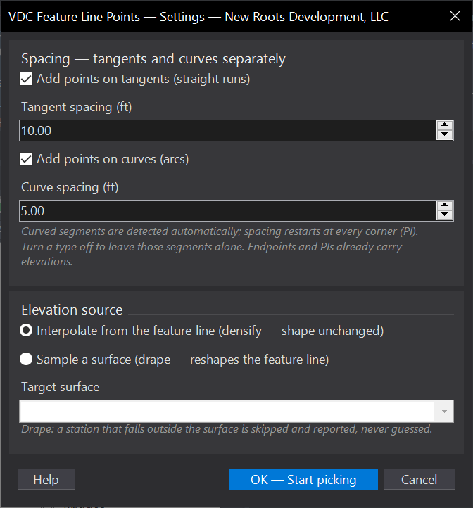 Feature Line Elevation Points dialog