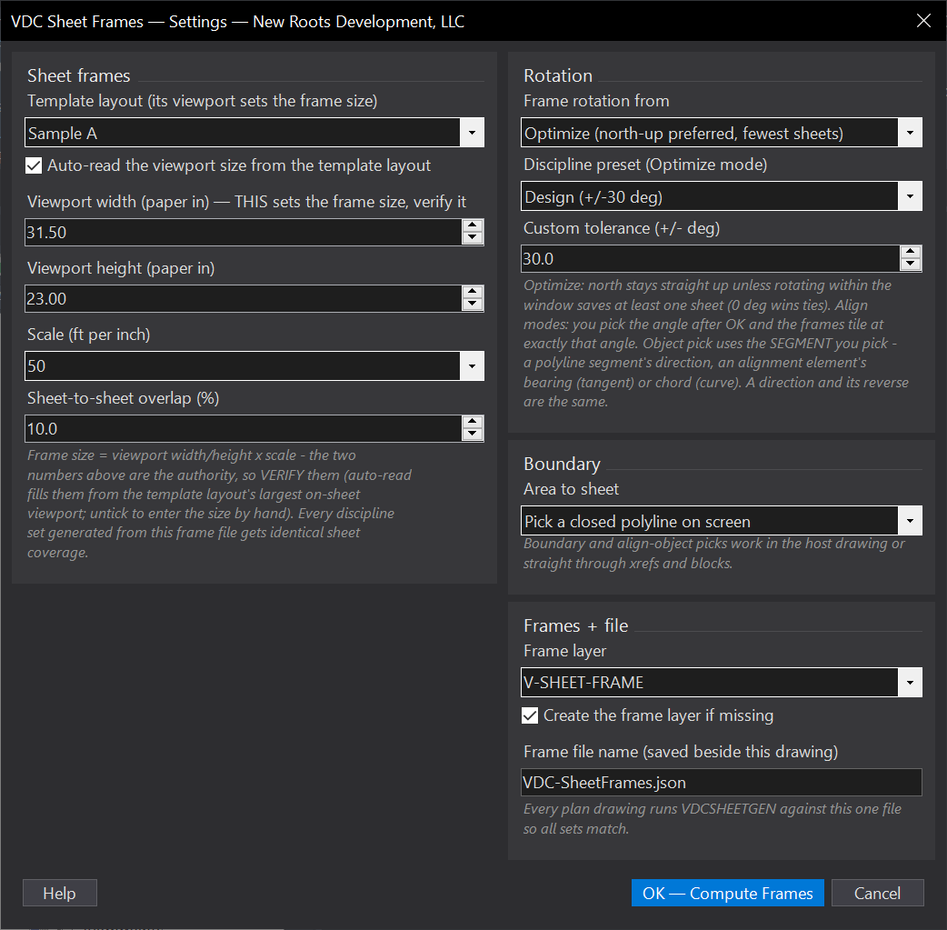 Define Sheet Frames dialog