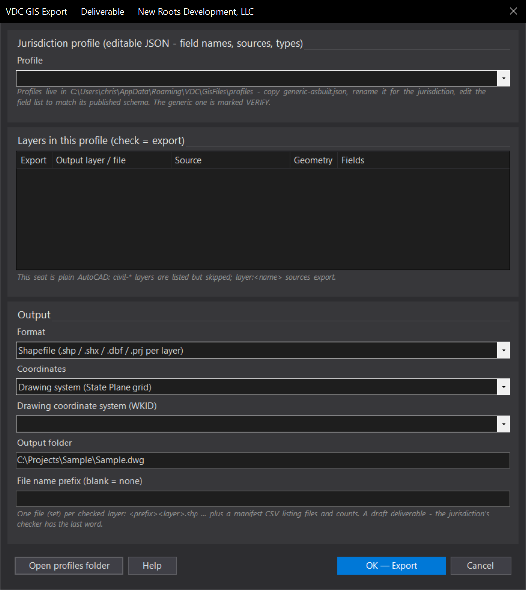 GIS Export (as-built deliverable) dialog
