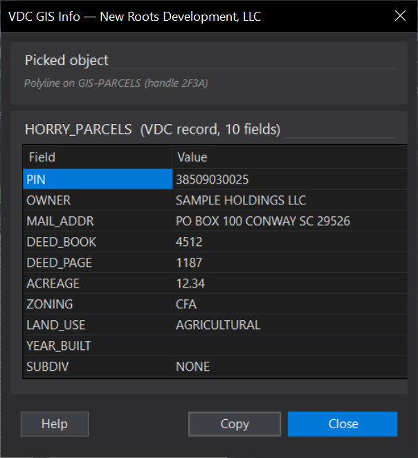 GIS Info (attributes on a picked object) dialog