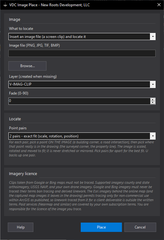 Image Place (locate a screen clip by point pairs) dialog