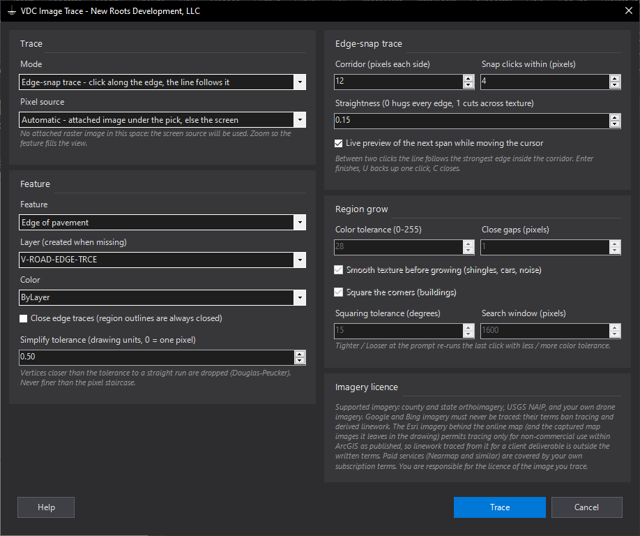 Image Trace (assisted trace of aerial imagery) dialog