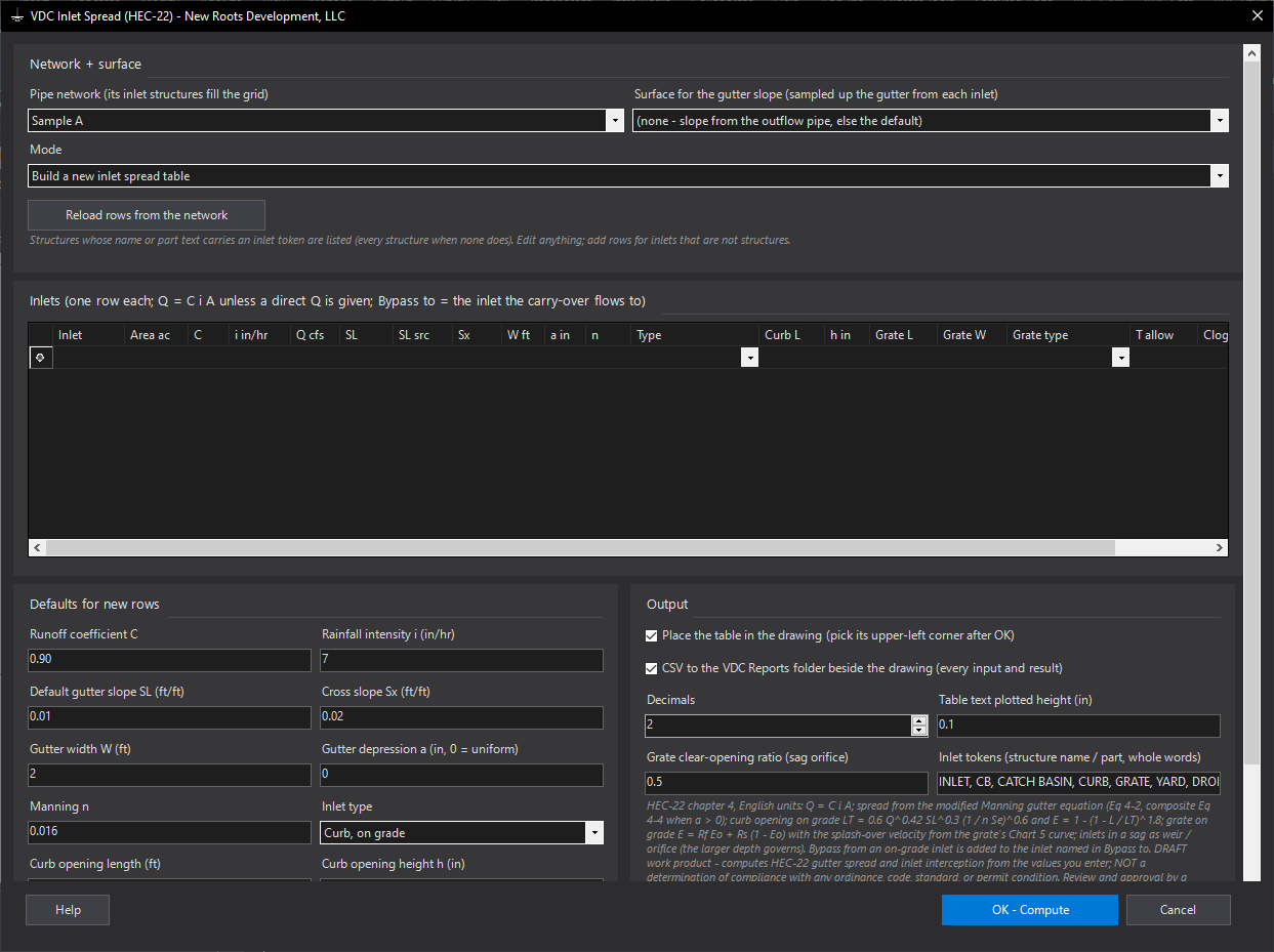 Inlet Spread - HEC-22 gutter spread and interception at every inlet dialog