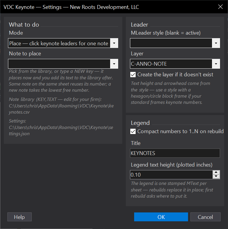 Keynotes + Sheet Legend dialog