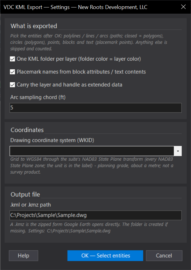 KML / KMZ Export (Google Earth) dialog