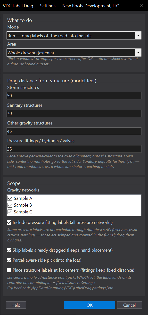 Drag Network Labels dialog