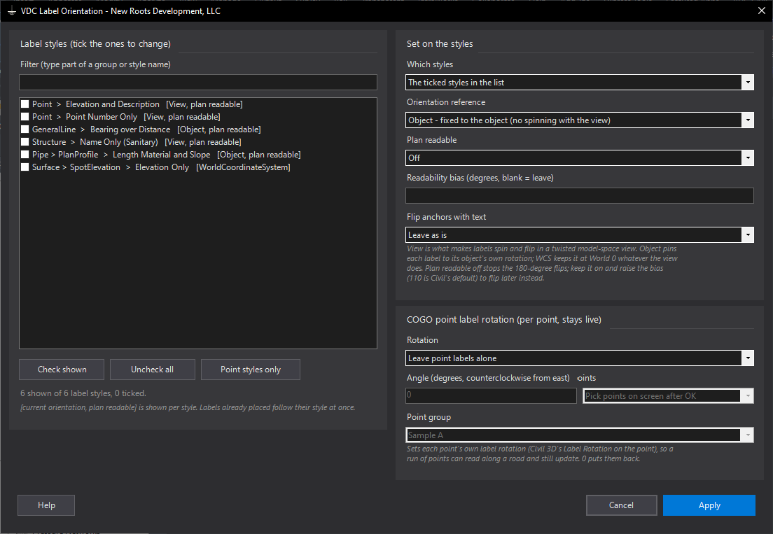Label Orientation dialog