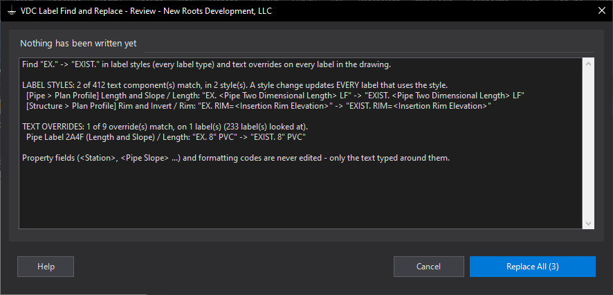 Label Find and Replace dialog