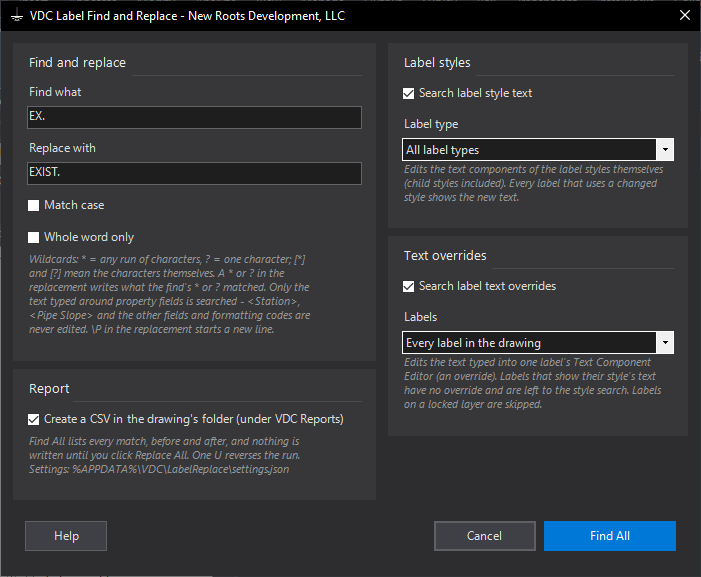 Label Find and Replace dialog