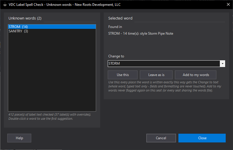 Label Spell Check dialog