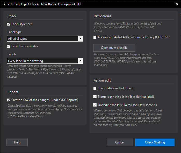 Label Spell Check dialog
