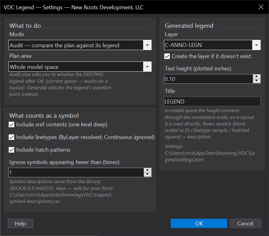 Legend Audit + Generator dialog