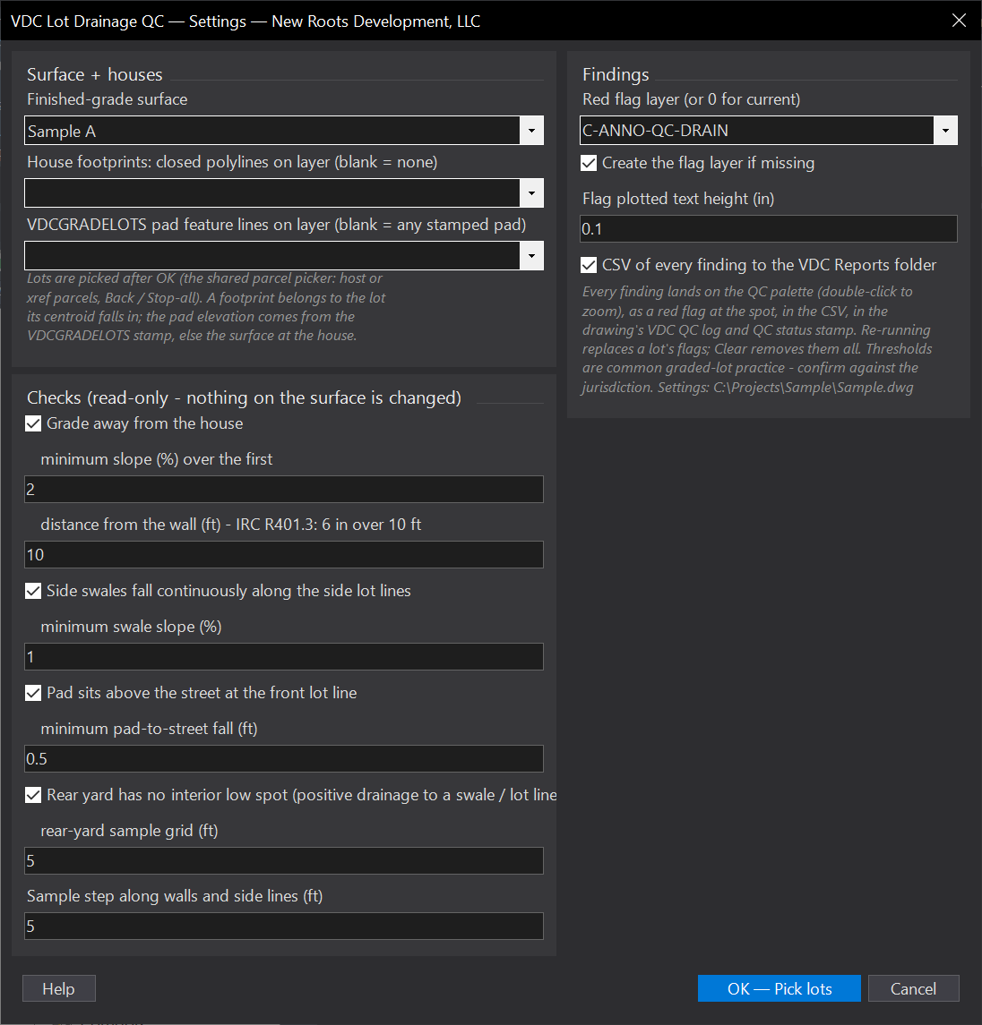 Lot Drainage QC (finished-grade surface) dialog