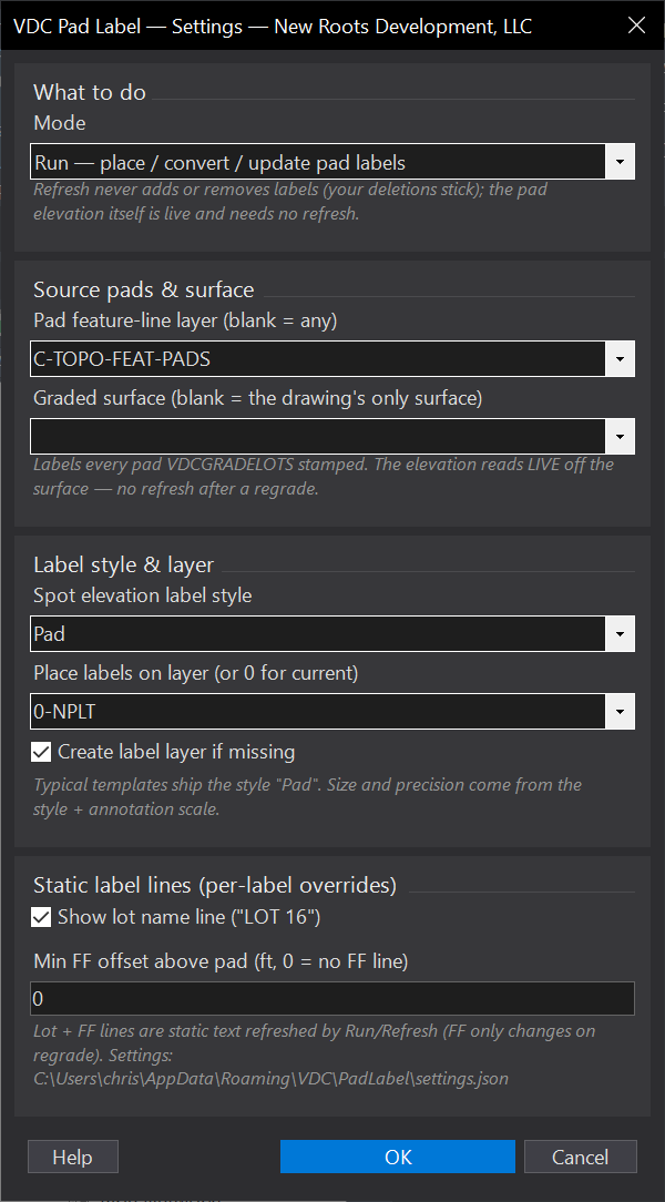 Label Pads dialog