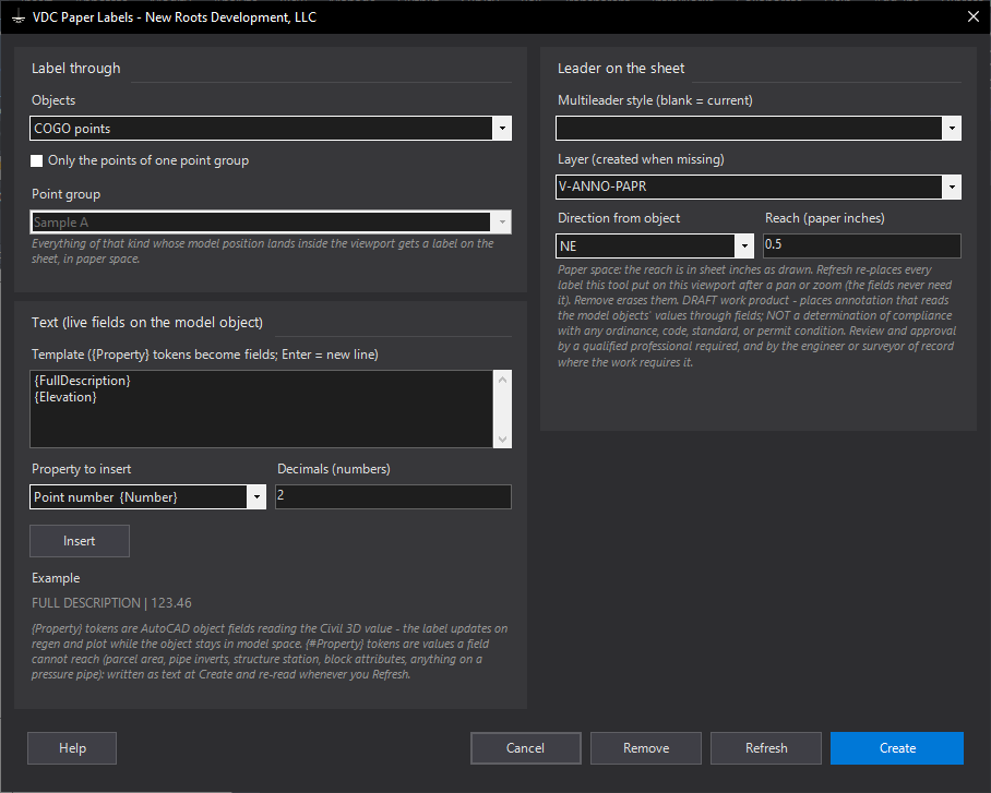 Paper Labels (live labels in paper space) dialog